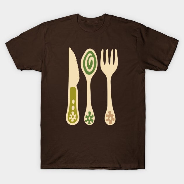 CUTLERY Retro Vintage Kitchen Utensils Knife Spoon Fork in Olive Brown and Green - UnBlink Studio by Jackie Tahara T-Shirt by UnBlink Studio by Jackie Tahara